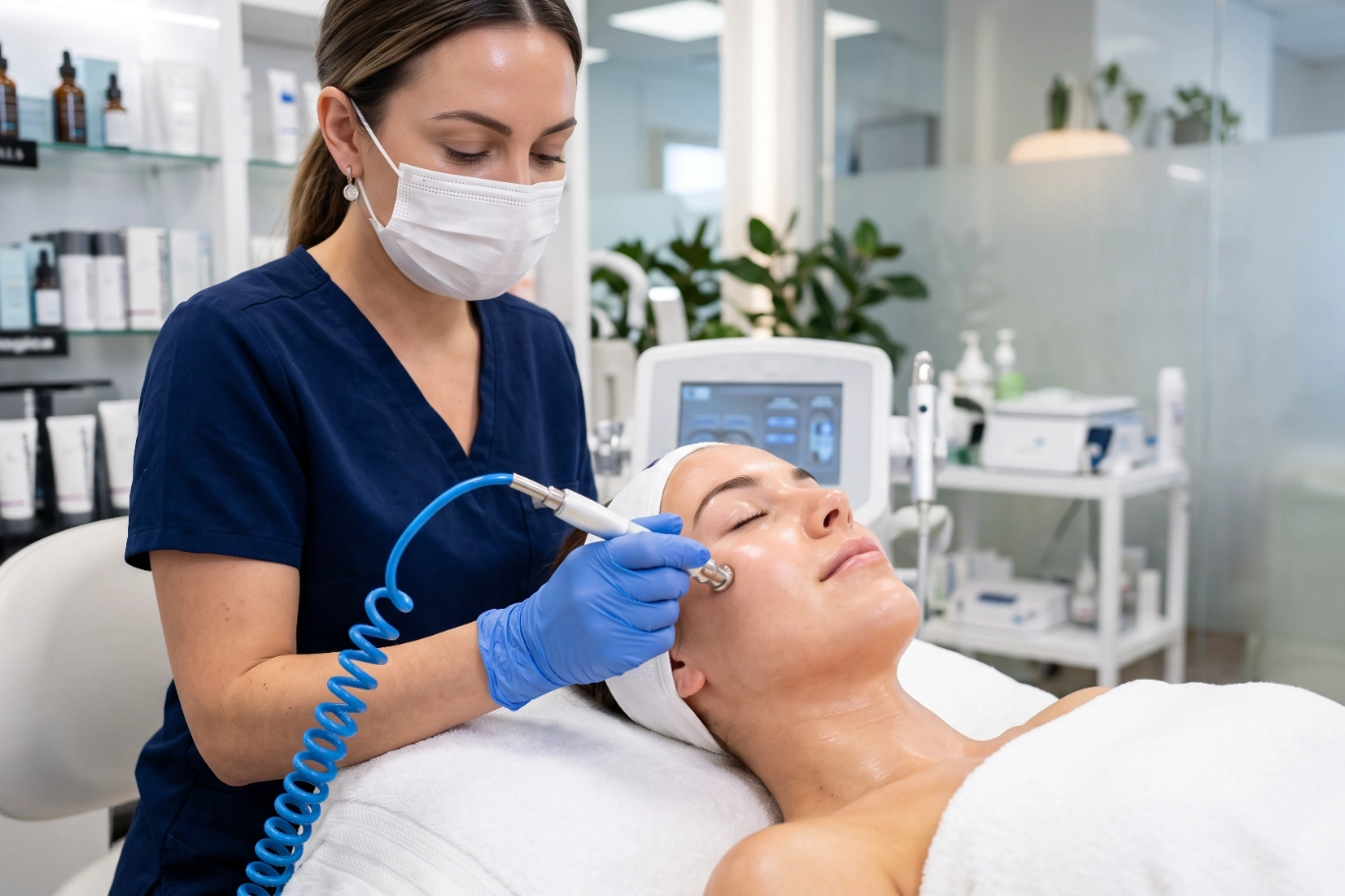 A skilled esthetician performs a skin rejuvenation Esthetician performing hydrafacial treatment on relaxed female client in spa clinic